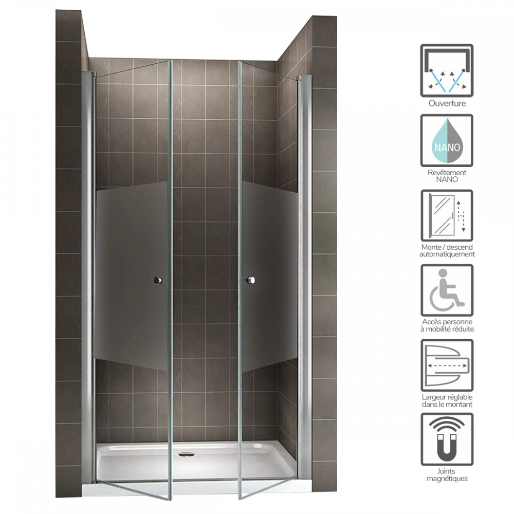 Porte de douche en verre transparent ou dépoli-opaque hauteur 195 cm