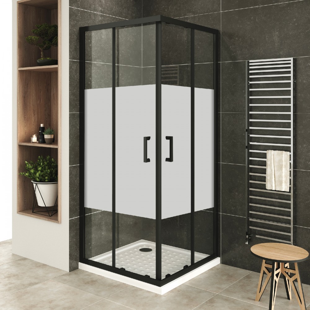 Cabine de douche d'angle couleur noir à portes coulissantes H 180 cm