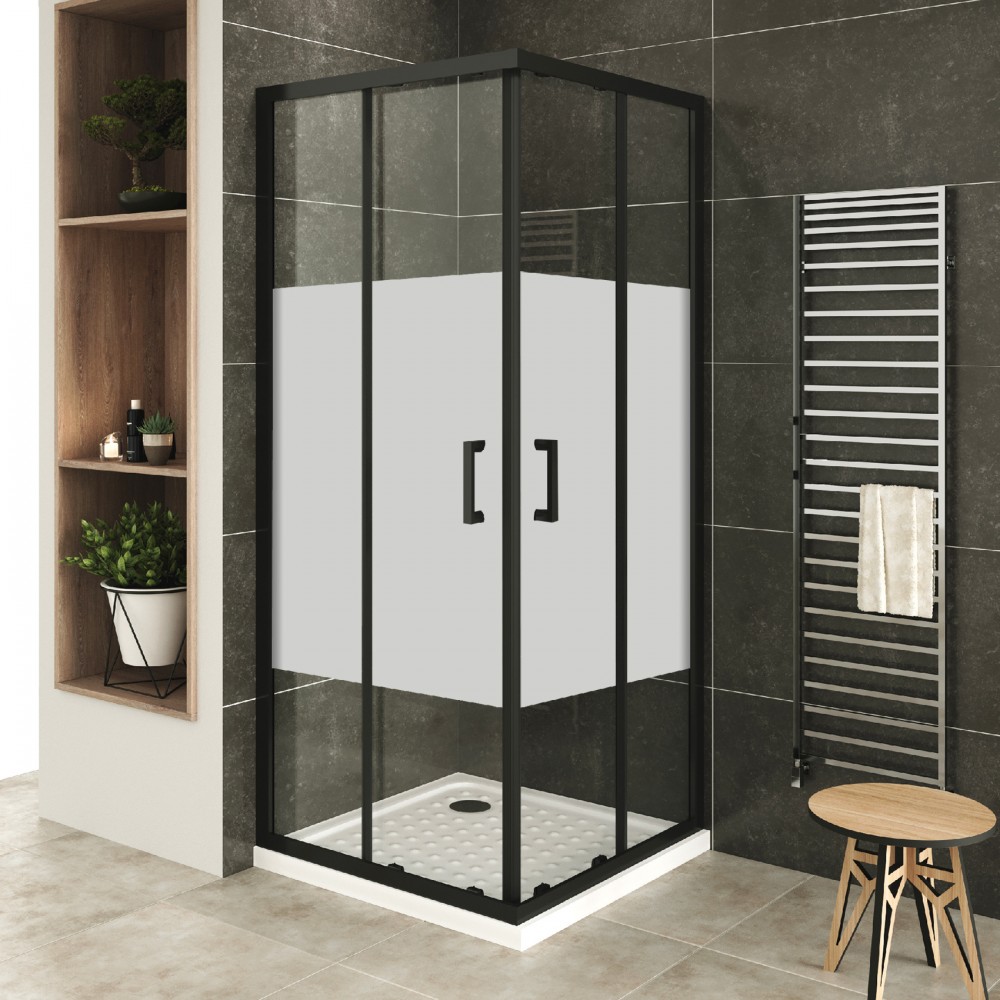 Portes de douche d'angle aluminium noir mat et verre Timeless 6 mm