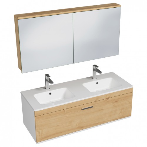 RUBITE 120 cm meuble salle de bain chêne double vasque 1 tiroir + miroir armoire