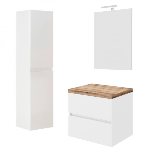 CITY Meuble blanc & plan chêne naturel 60 cm + miroir + colonne