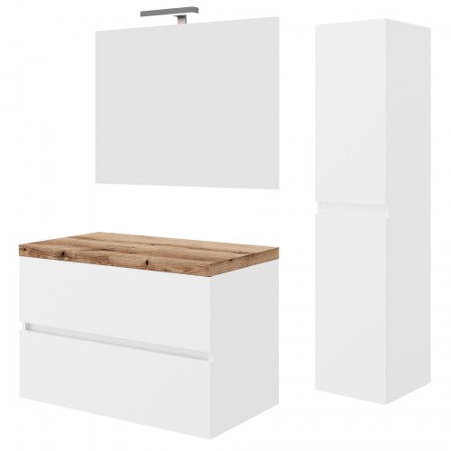 CITY Meuble blanc & plan à poser chêne naturel 80 cm + miroir + colonne