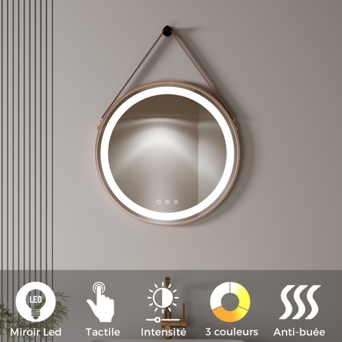 COMO Miroir LED rond à suspendre cuivre Ø60cm