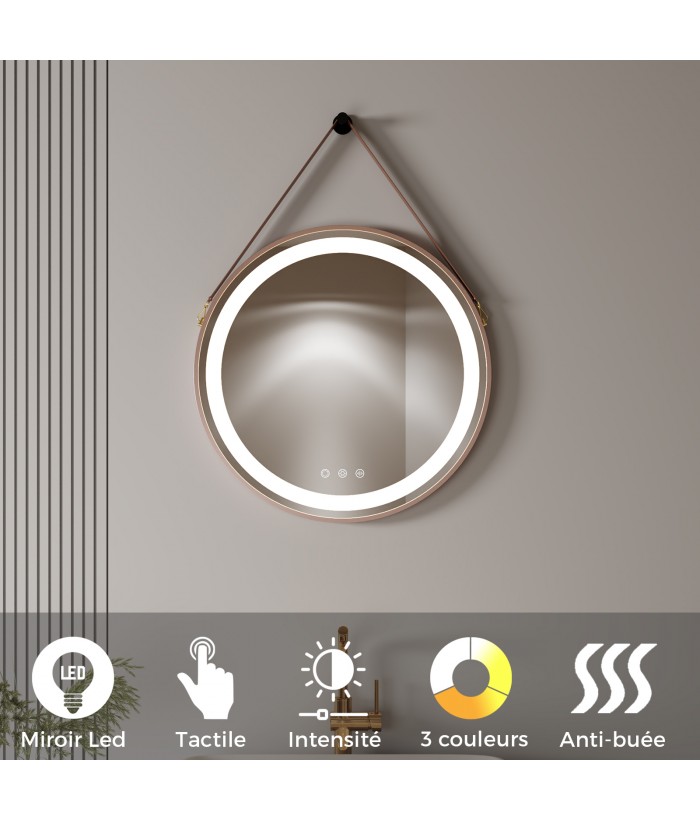 COMO Miroir LED rond à suspendre cuivre Ø60cm