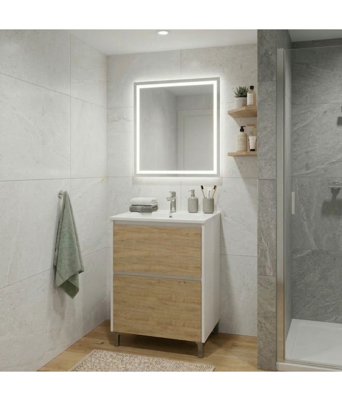 LISBONA meuble vasque sur pied Blanc laqué 2 tiroirs Chêne naturel 60 cm