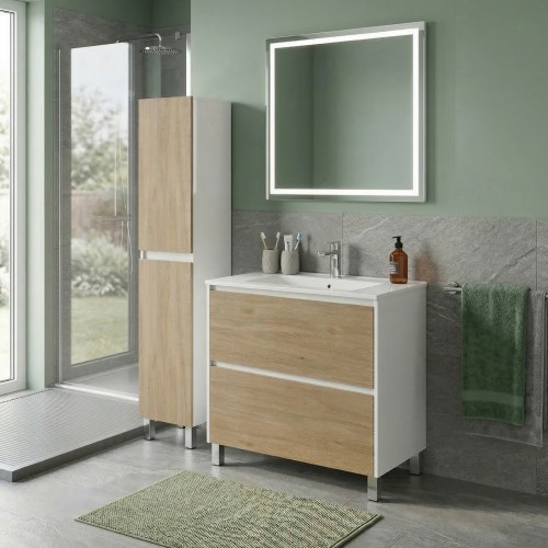 LISBONA meuble vasque 2 tiroirs Blanc Chêne naturel 100 cm + 1 colonne