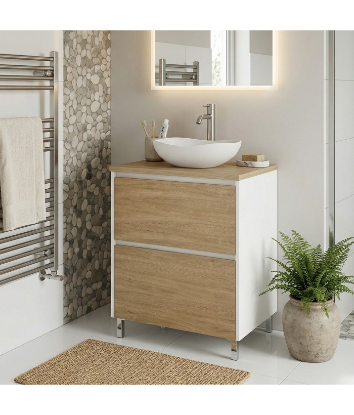 LISBONA meuble plan vasque 2 tiroirs Blanc Chêne naturel 60 cm