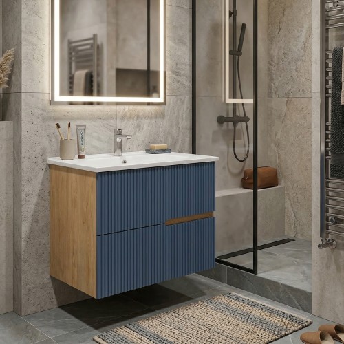 EVA Chêne naturel et tiroirs Bleu Mer cannelé - Largeur 60 cm