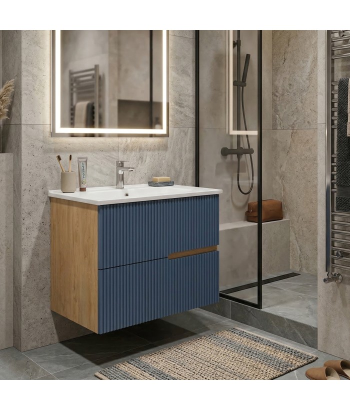 EVA Chêne naturel et tiroirs Bleu Mer cannelé - Largeur 60 cm