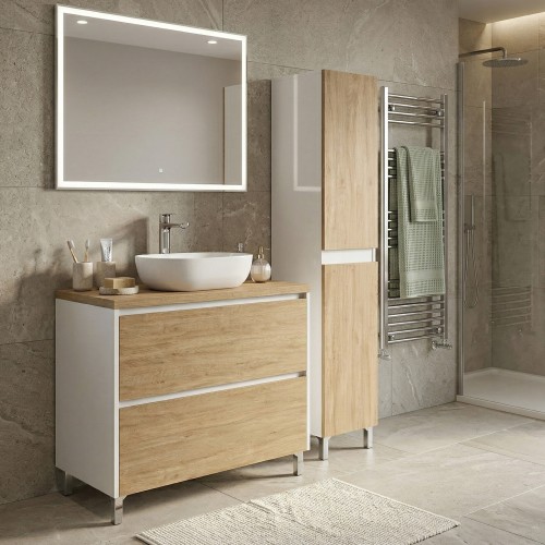 LISBONA meuble plan vasque 2 tiroirs Blanc Chêne naturel 100 cm + 1 colonne