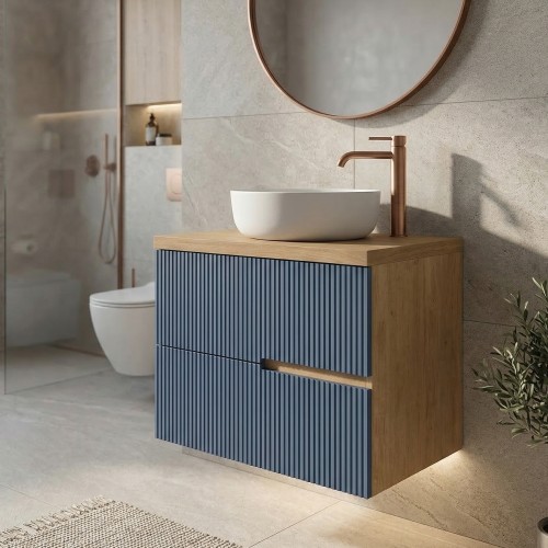 EVA Chêne naturel et tiroirs Bleu Mer cannelé - Largeur 60 cm