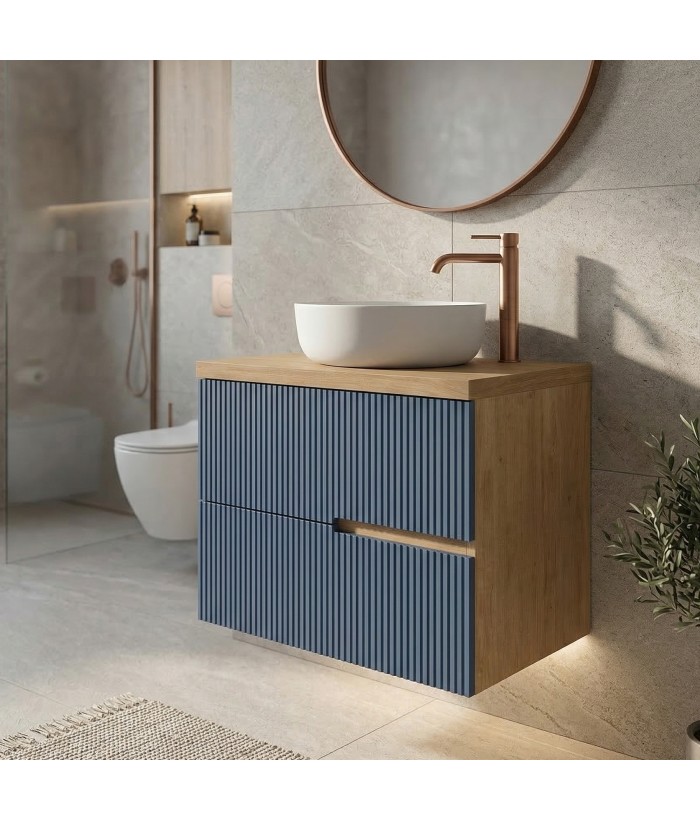 EVA Chêne naturel et tiroirs Bleu Mer cannelé - Largeur 60 cm