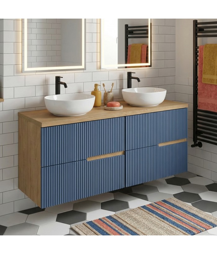 EVA Chêne naturel et tiroirs Bleu Mer cannelé - Largeur 120 cm