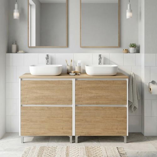 LISBONA meuble double vasque à poser 4 tiroirs Blanc Chêne naturel 120 cm