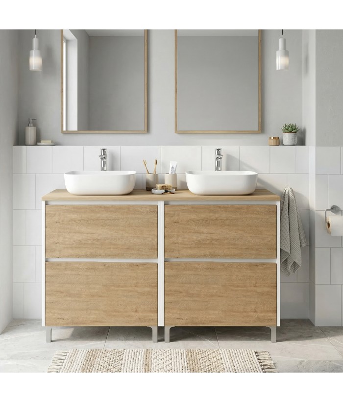 LISBONA meuble double vasque à poser 4 tiroirs Blanc Chêne naturel 120 cm