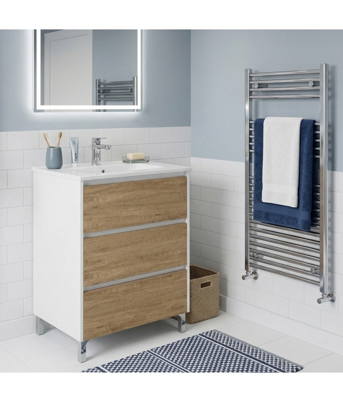 LISBONA meuble vasque 3 tiroirs Blanc / Chêne naturel 60 cm