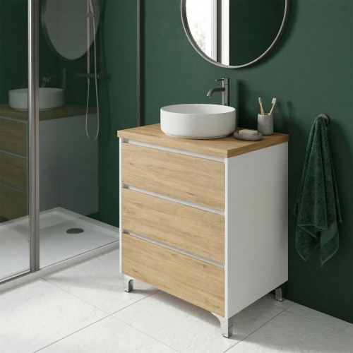 LISBONA meuble plan vasque 3 tiroirs Blanc / Chêne naturel 60 cm