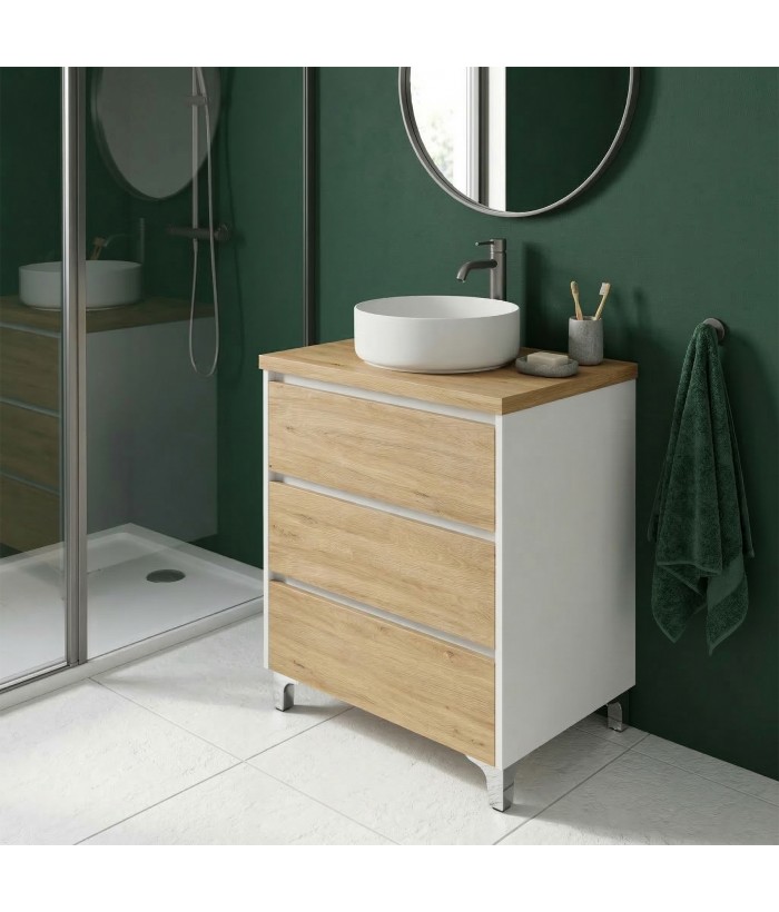 LISBONA meuble plan vasque 3 tiroirs Blanc / Chêne naturel 60 cm