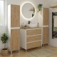 LISBONA meuble plan vasque 3 tiroirs Blanc / Chêne naturel 80 cm + 2 colonnes