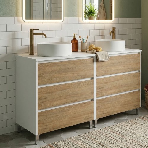 LISBONA meuble plan double vasque 6 tiroirs Blanc / Chêne naturel 120 cm