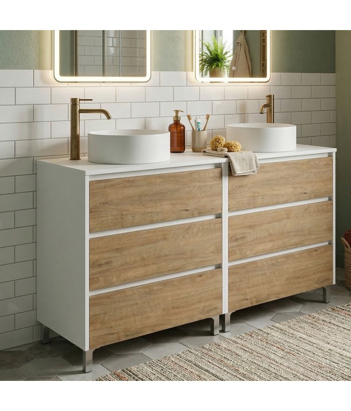 LISBONA meuble plan double vasque 6 tiroirs Blanc / Chêne naturel 120 cm