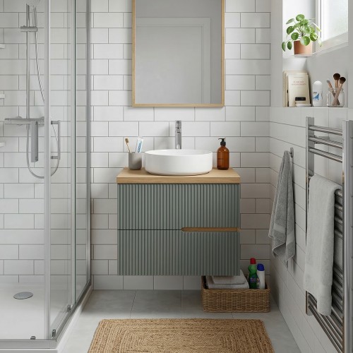 EVA Chêne naturel et tiroirs Vert sauge cannelé - Largeur 60 cm