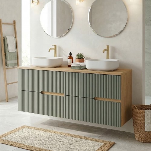 EVA Chêne naturel et tiroirs Vert sauge cannelé - Largeur 120 cm