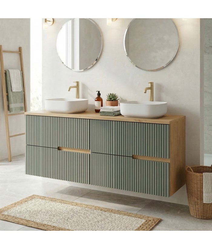 EVA Chêne naturel et tiroirs Vert sauge cannelé - Largeur 120 cm
