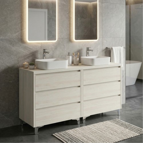 LISBONA meuble plan double vasque 6 tiroirs Chêne blanchi 120 cm
