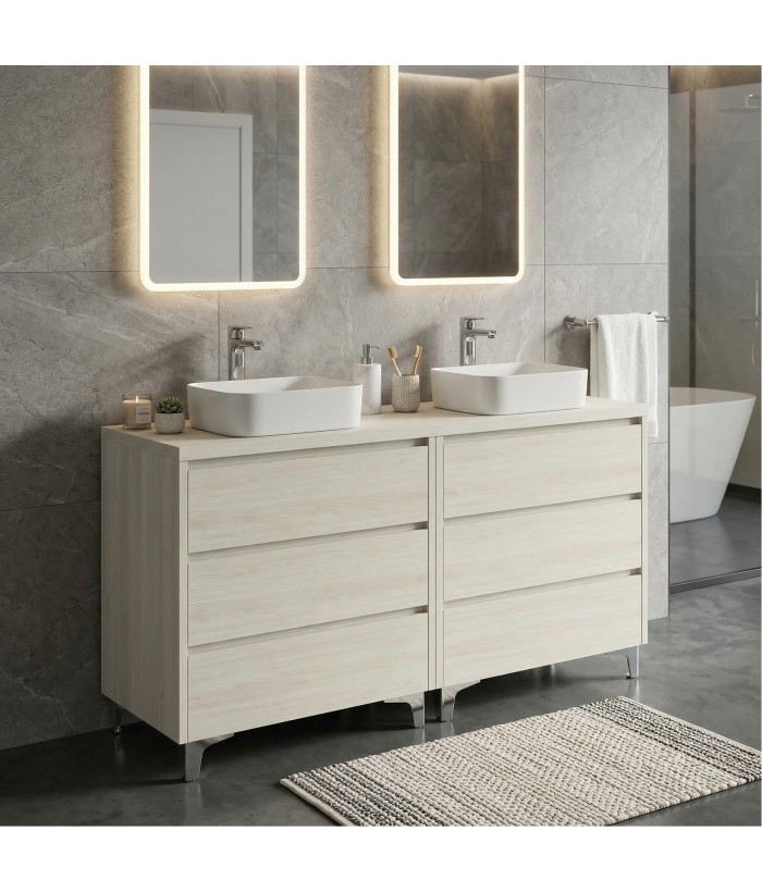 LISBONA meuble plan double vasque 6 tiroirs Chêne blanchi 120 cm