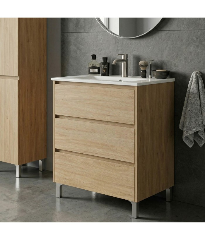 LISBONA meuble vasque 3 tiroirs Chêne naturel 60 cm