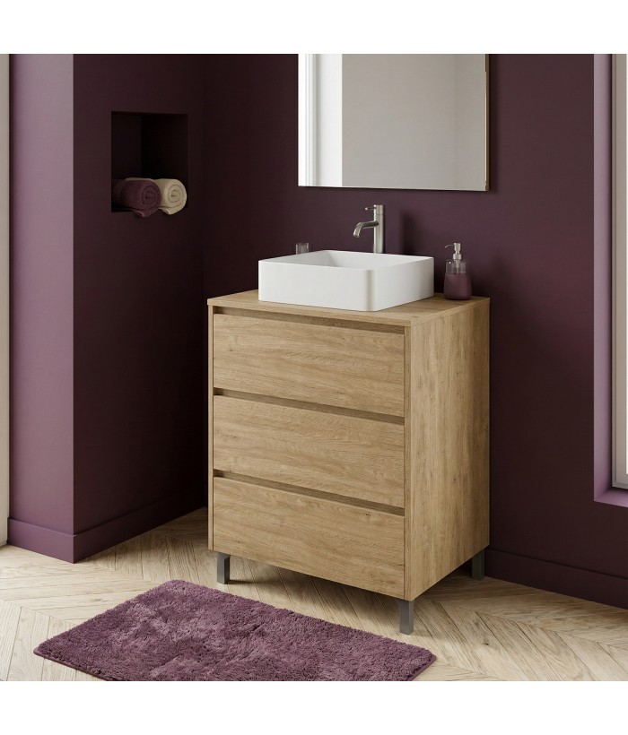 LISBONA meuble plan vasque 3 tiroirs Chêne naturel 60 cm