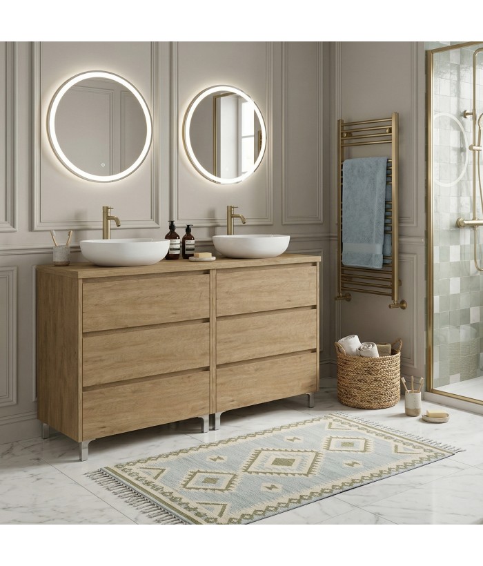 LISBONA meuble plan double vasque 6 tiroirs Chêne naturel 120 cm