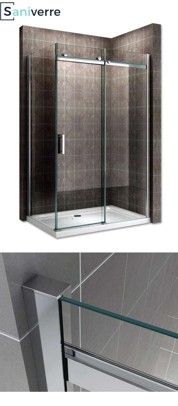 Porte de douche coulissante avec paroi latérale l.120+80 x H.200 cm, verre transparent anticalcaire, profilé chromé, Schulte MasterClass