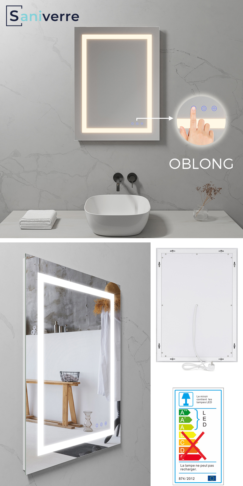 oblong miroir led anti-buée salle de bain